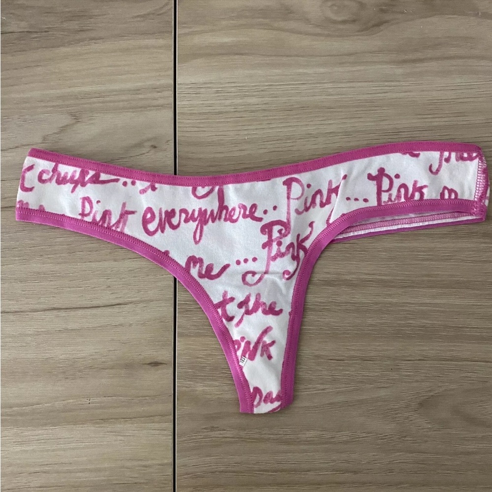NWOT Victoria Secret PINK - White Pink Everywhere Script Thong - XS
